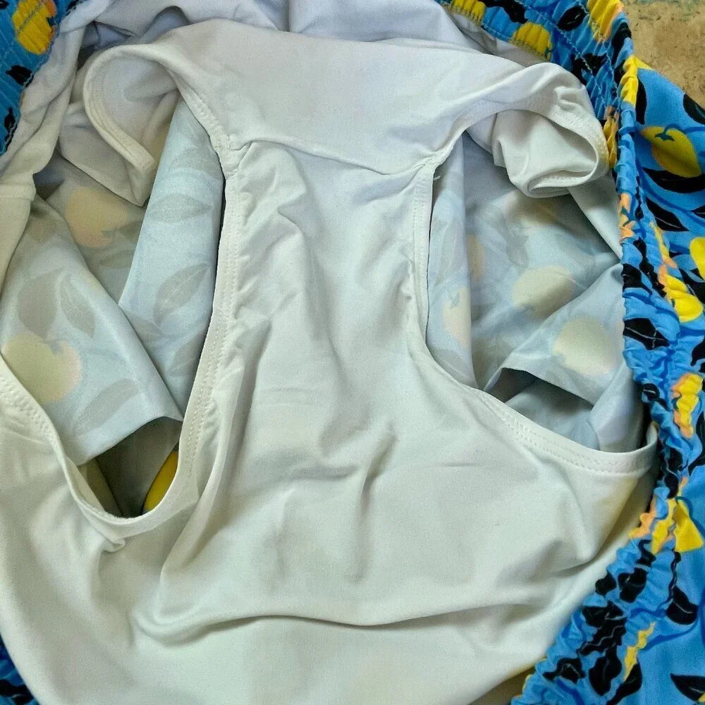 Summersalt Blue Lemon Print Swim Trunks Elastic Waist Drawstring Men's M
